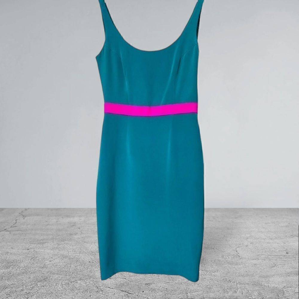 Jay Godfrey Silk Color Block‎ Teal Hot pink Cowl Back Sheath Dress Size 2